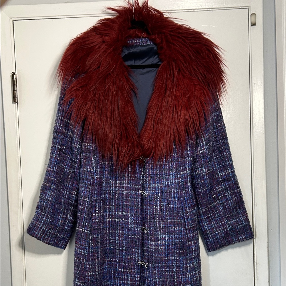 Women's Colorful Tweed Trench Coat Jacket with Faux Fur Collar Y2K Festival